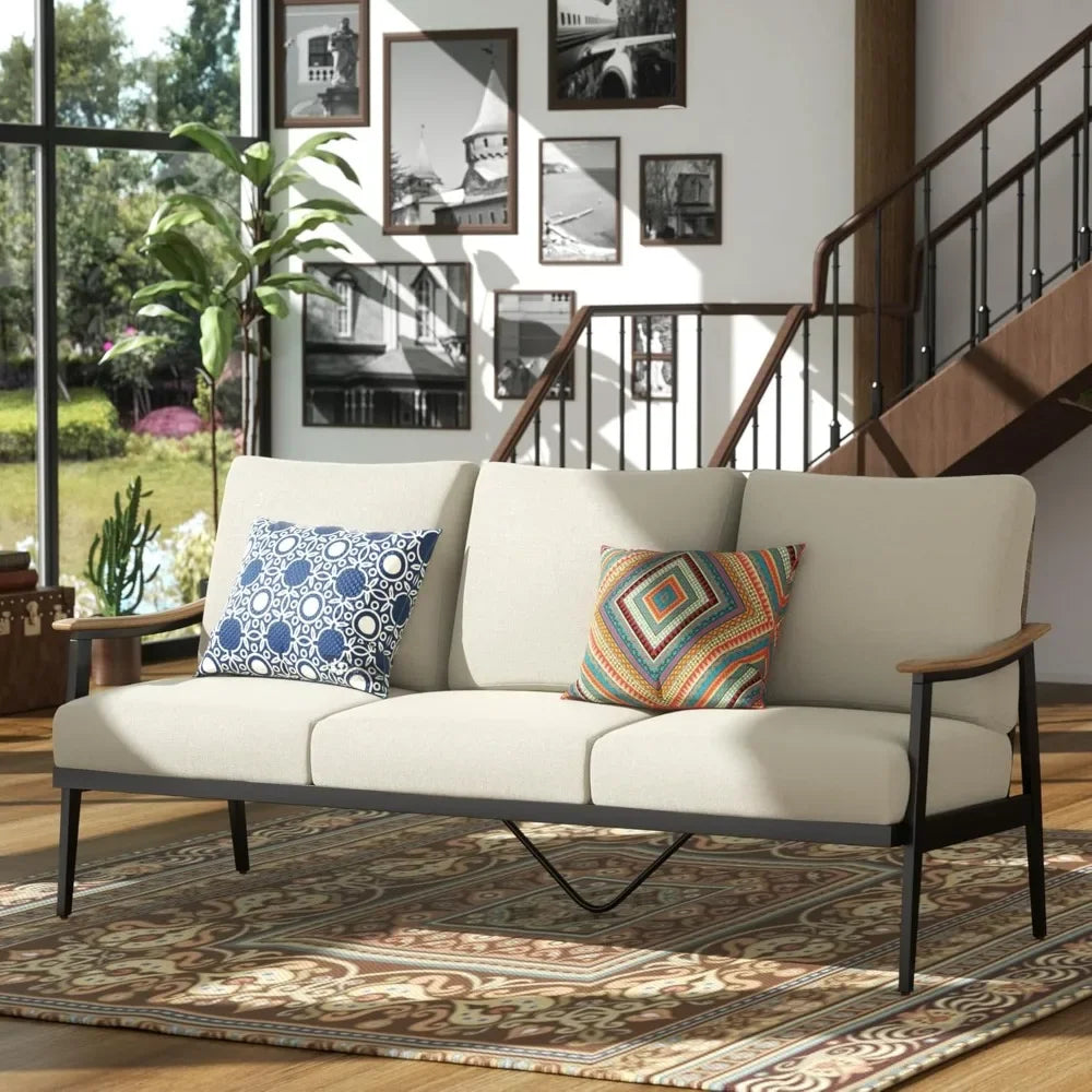 Outdoor Patio Sofa Furniture Metal Chair with Wicker Backrest And 6-Inch Cushion Indoor Front Porch Deck Decorative Garden Bench