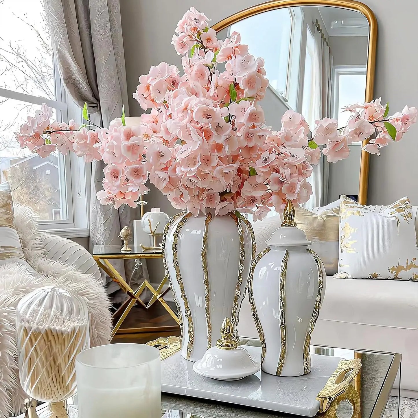 White and Gold Flower Vase,Large Decorative Ginger Jars for Centerpieces, Tabletop Home Décor, Bedroom,Living Room(A, 18in)