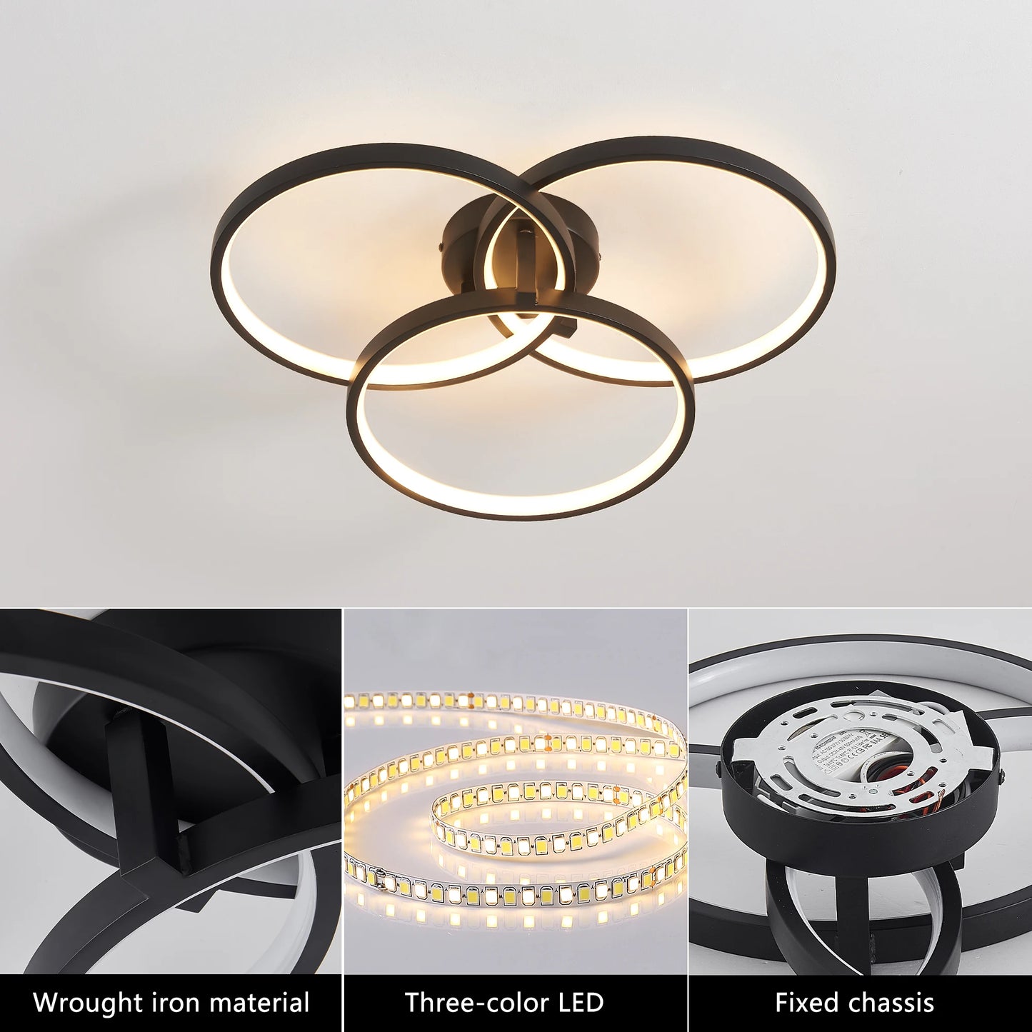 Modern Black LED Ceiling Light, 3-Ring Flush Mount Fixture for Living Room, Bedroom, or Dining Room, Sleek and Energy-Efficient