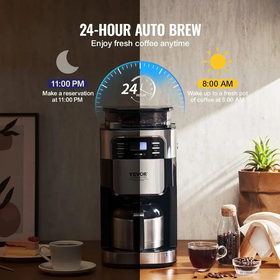 8Cup Coffee Maker with Builtin Grinder for Home Office and Restaurant Use Features 3 Brew Strength Settings 24Hour Programmable