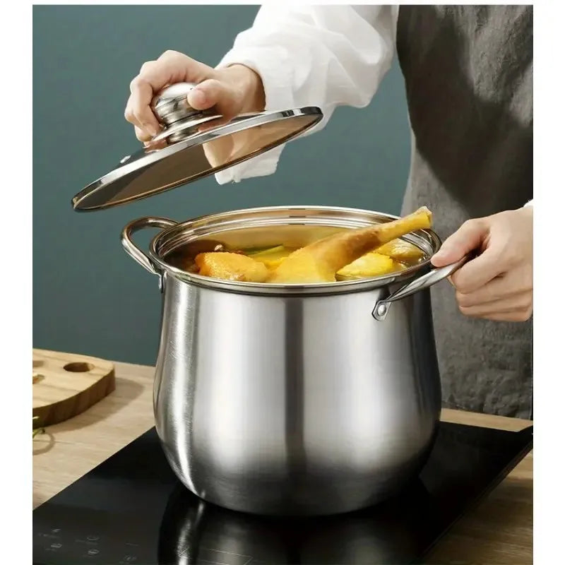 1Pc Versatile Large Stainless Steel Stock Pot - Perfect for Soups, Stews & More - Durable, Easy-Clean Kitchen Essential
