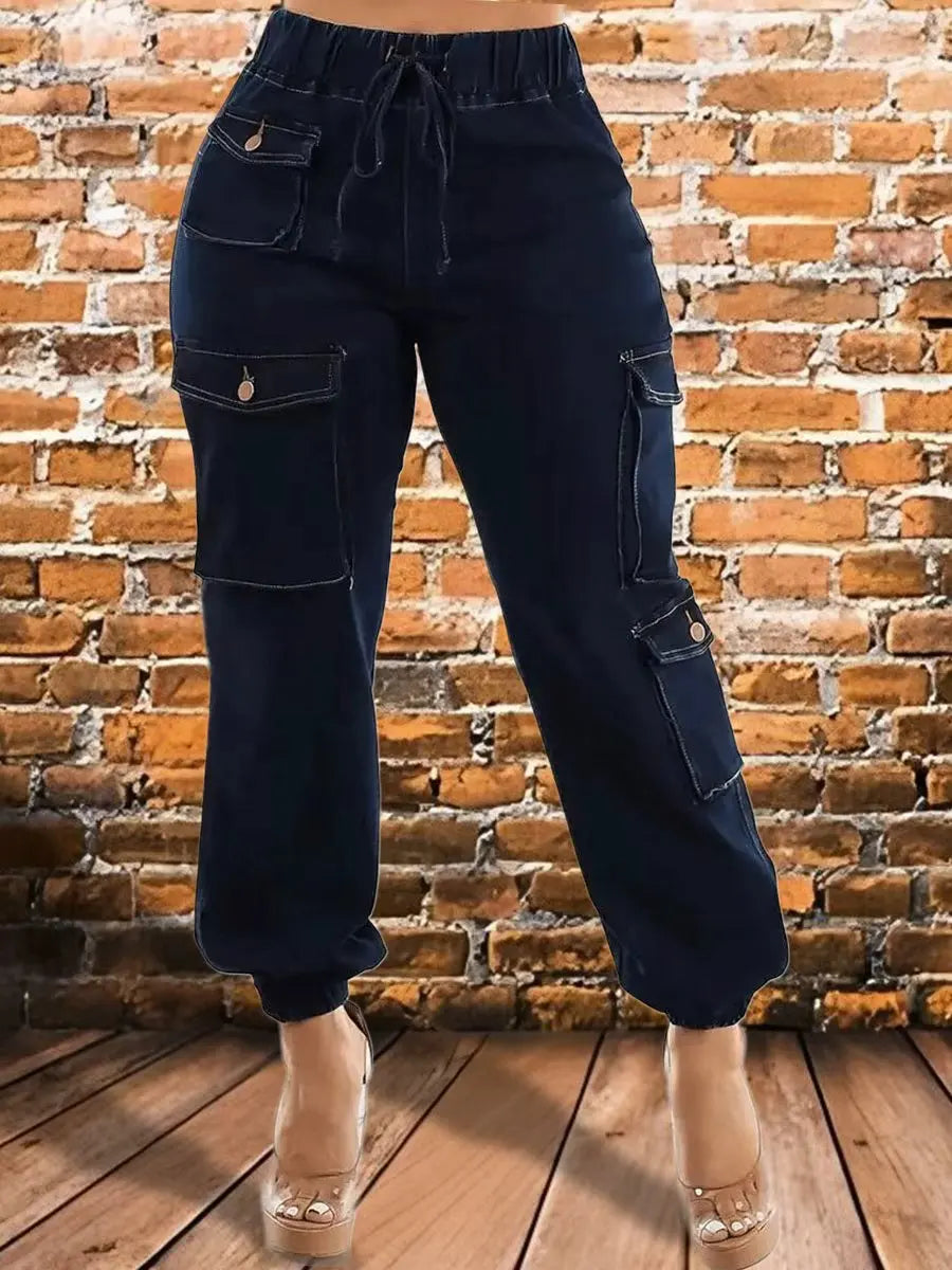Women's Deep Blue Elastic Waist Drawstring Strap Multi Pocket Work Decoration Body Jeans