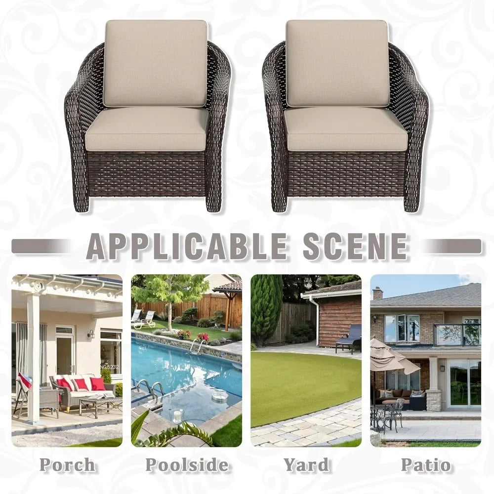 2-Piece Outdoor Wicker Chair Set All-Weather Patio Rattan with Seat & Back Cushion Ideal for Porch Backyard Balcony