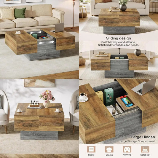 expandable farmhouse coffee table with storage for living room, suitable for small spaces