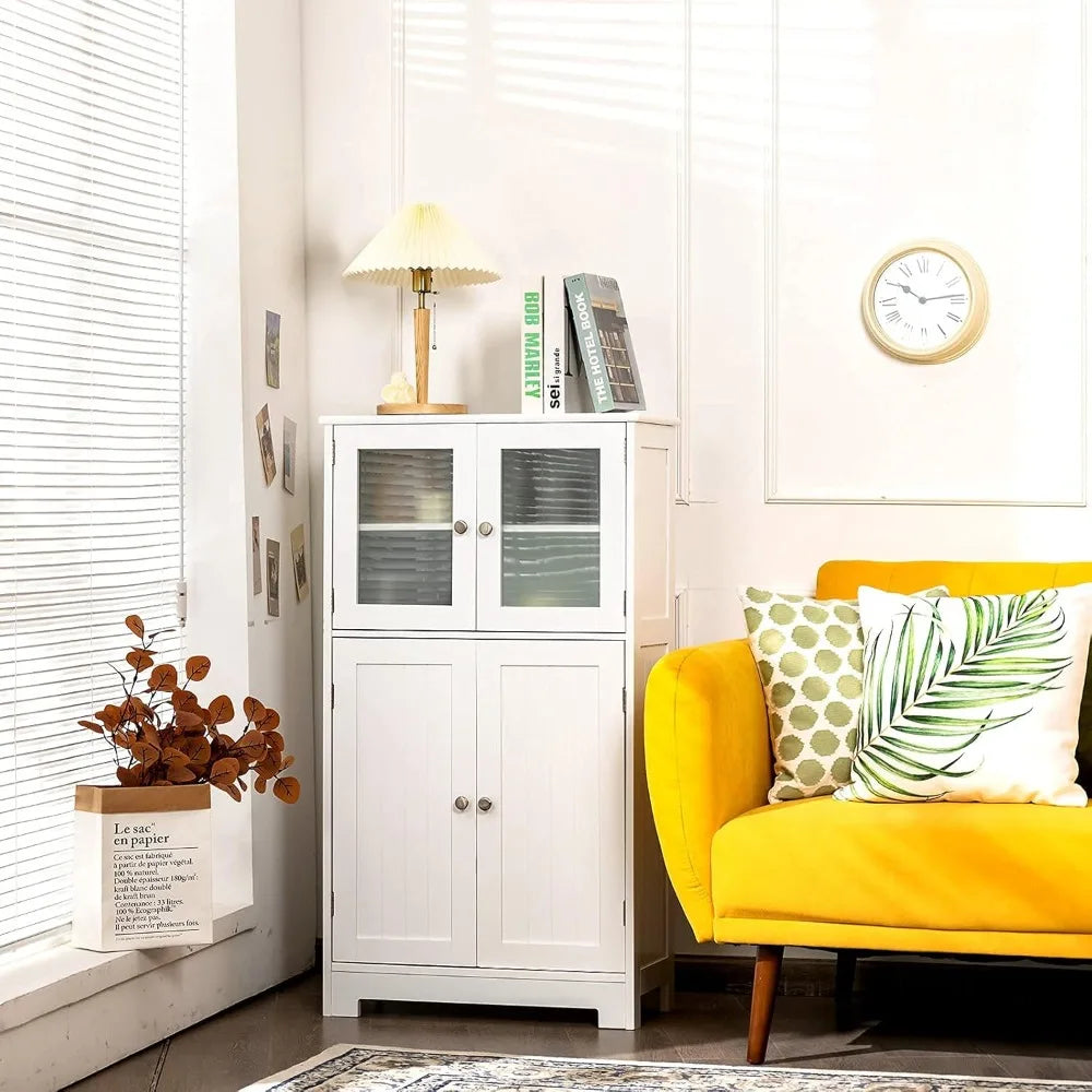 Bathroom Floor Cabinet, Freestanding Storage Cabinet w/Glass Doors, Wood Kitchen Cupboard w/Adjustable Shelf, Bathroom