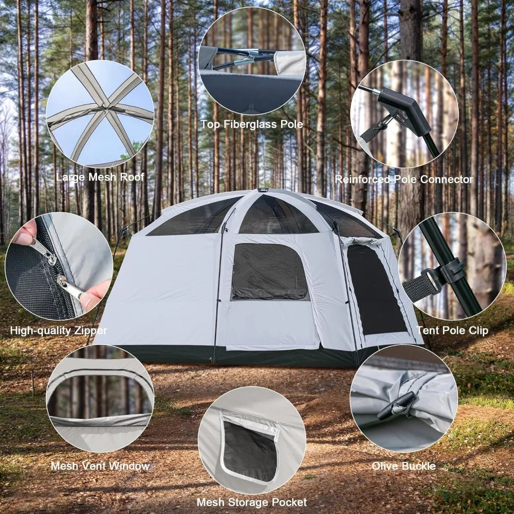 Family-Sized Waterproof Cabin Tent with Porch and Rainfly, Spacious 2-Room Glamping Tent for 4-6 People