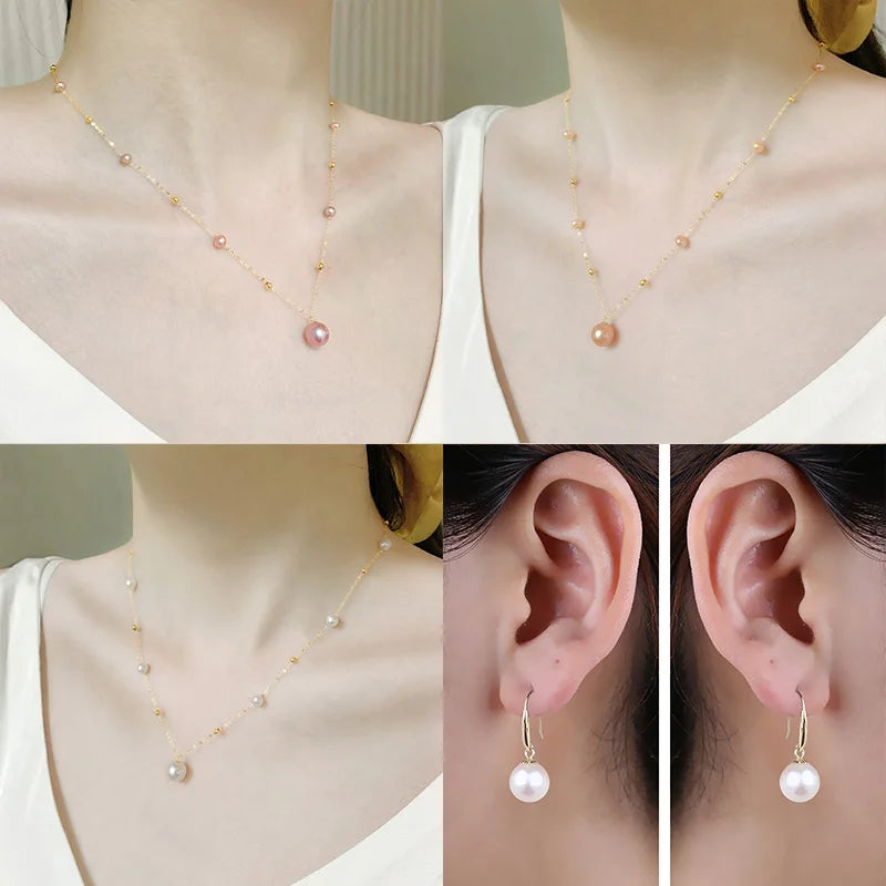 NYMPH 18K Gold Pearl Jewelry Set Natural Freshwater Pearl Necklace Pure AU750 Earrings for Women Wedding Gift t424