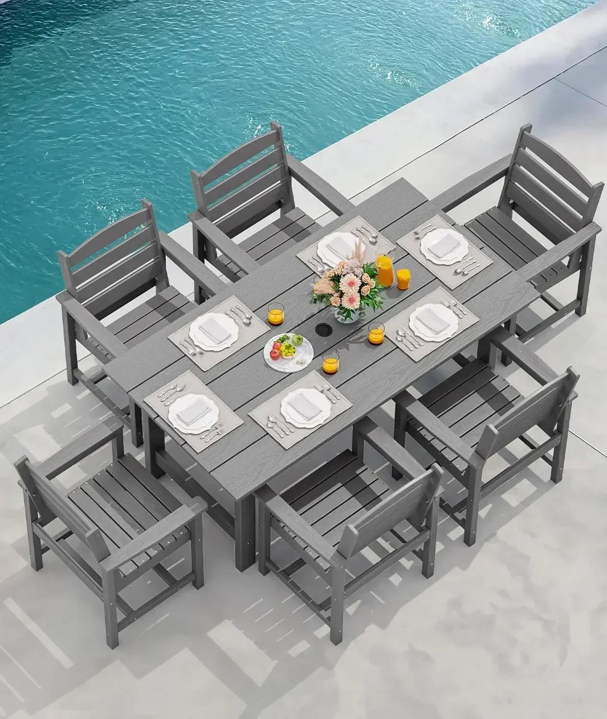 XMSJ-Outdoor HDPE Dining Table Set, 7-Piece Outdoor Dining Table Sets with Umbrella Hole Cut-Out Table and 6 Chairs, Gray