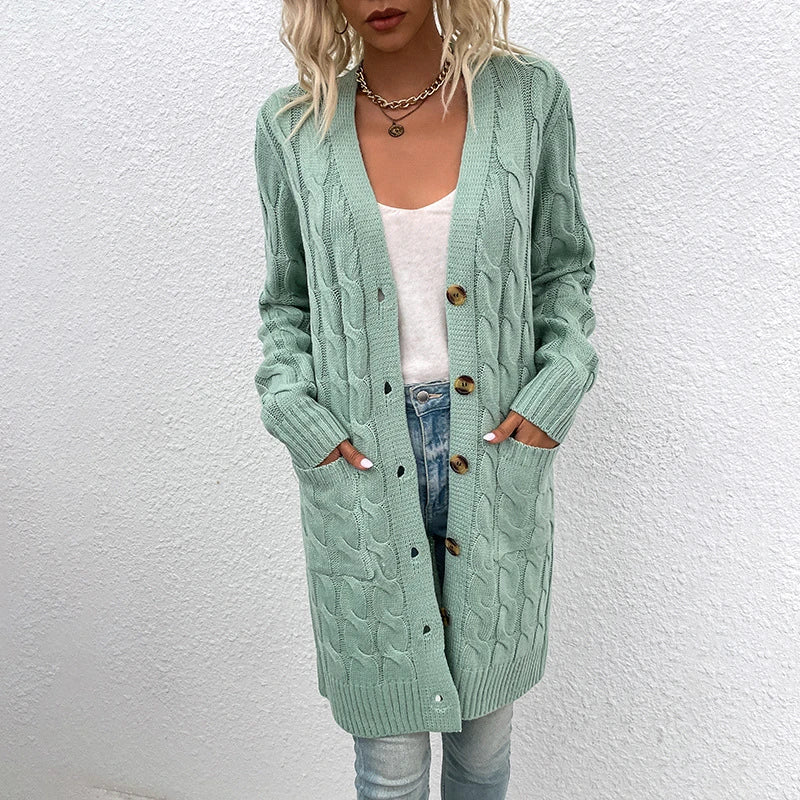 European and American Knitwear Autumn and Winter Long Fried Dough Twists Sweater Women's Button Cardigan