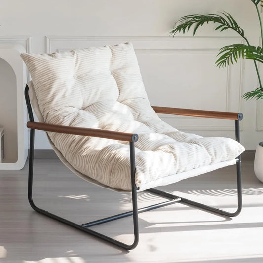 Modern Accent Chair, Comfy Living Room Chair with Metal Frame Wooden Armrest, Upholstered Armchair with Soft Cushion for Bedroom