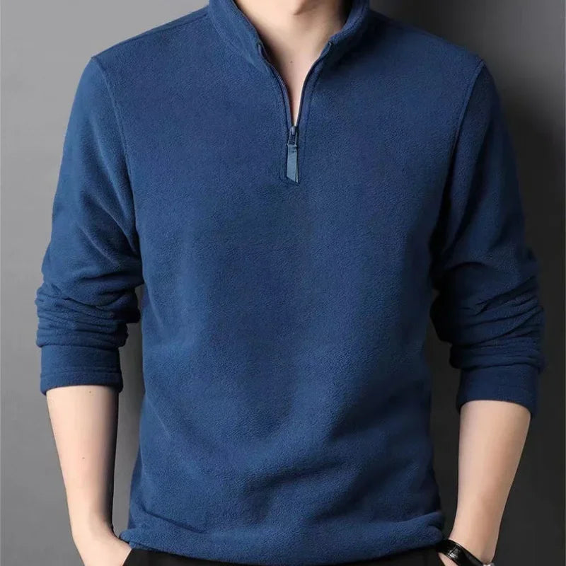 Autumn Winter New Warm Polo Shirts Men's Lamb Wool Sweatshirt Standing Neck Half Zip Long Sleeve Fashion Versatile Men Tees Tops