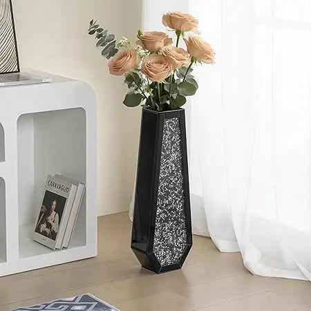 Mirrored Floor Vases Set of 2, Large Silver Crystal Glass Decorative Tall Vases for Home Accents