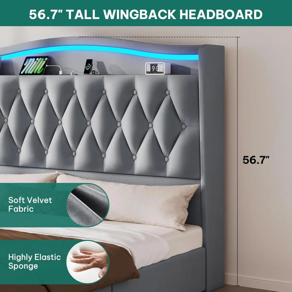 King Size Velvet Upholstered Bed Frame with 4 Storage Drawers, 57 Tall Headboard, RGB LED Lighting, and Charging Station
