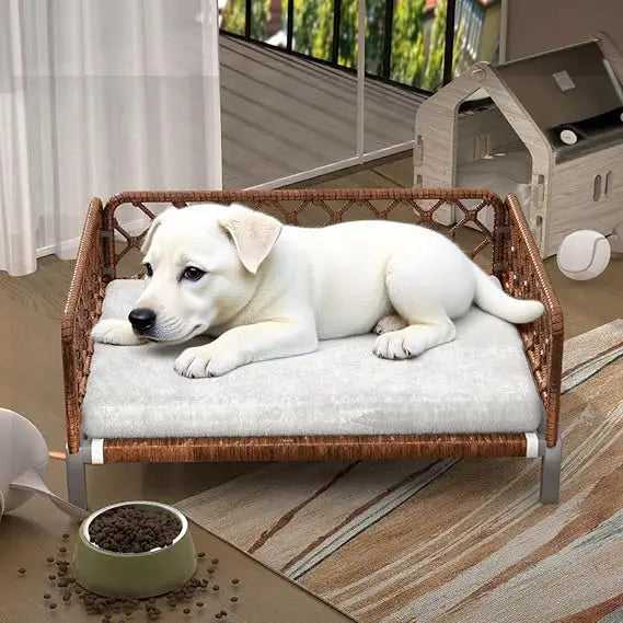 brown wicker orthopedic dog bed with removable washable cushion and egg crate foam support for outdoor use