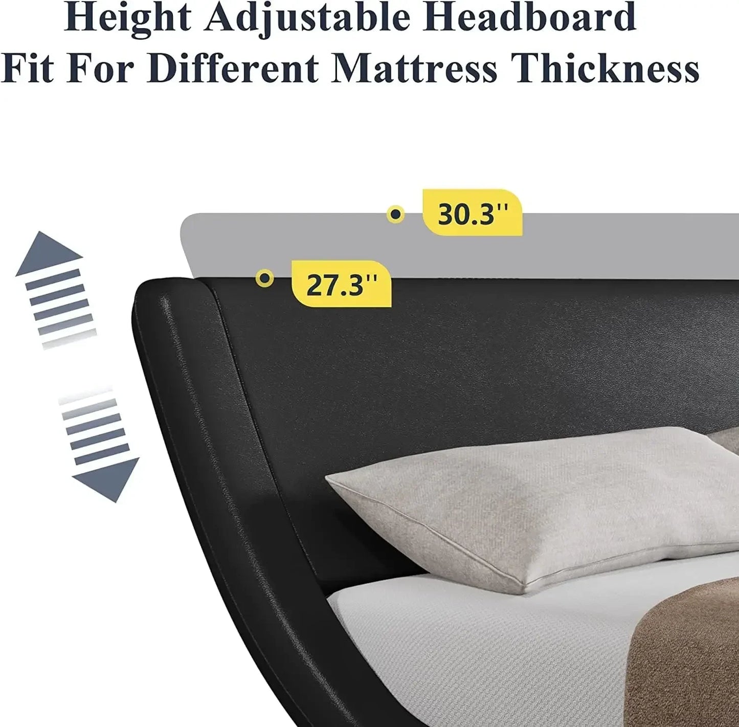 Large bed frame, ergonomic, adjustable headboard, low profile modern cushioned platform sled design - easy to assemble, black