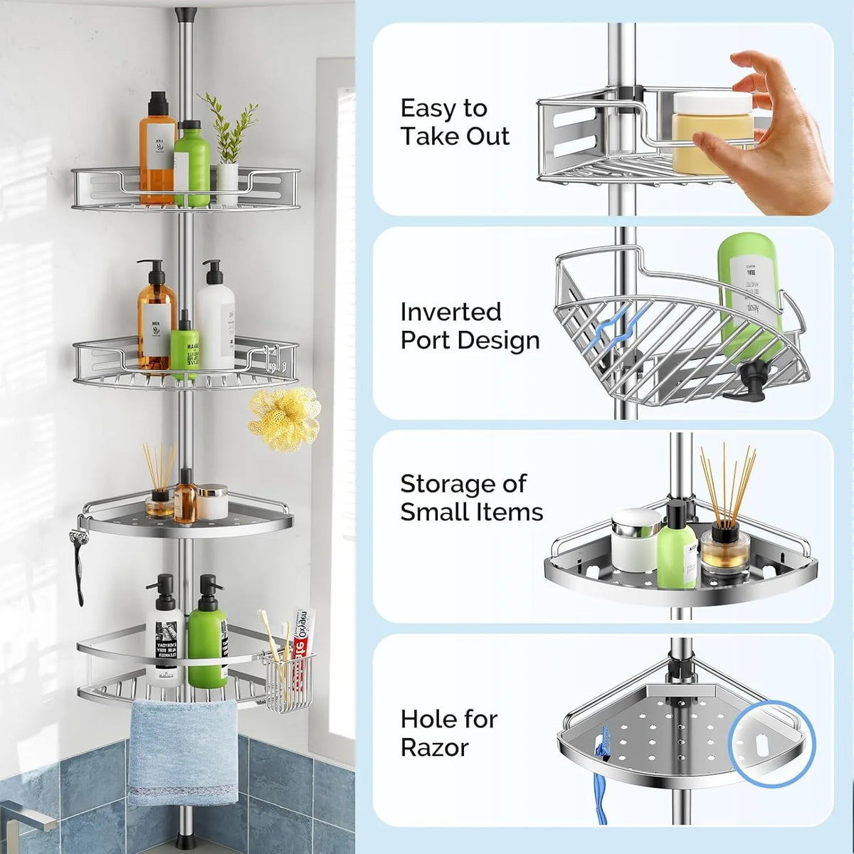 Corner Shower Caddy Tension Pole: Quick Installation 4-Tier Rustproof Bathroom Organizer Shelves for Bathtub Shampoo Storage