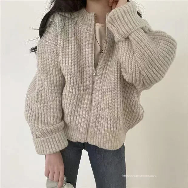 Autumn Elegant Cardigan Zipper Knitwear Winter New Women's Crew Neck Knitted Long sleeved Sweater Solid Color Casual Top
