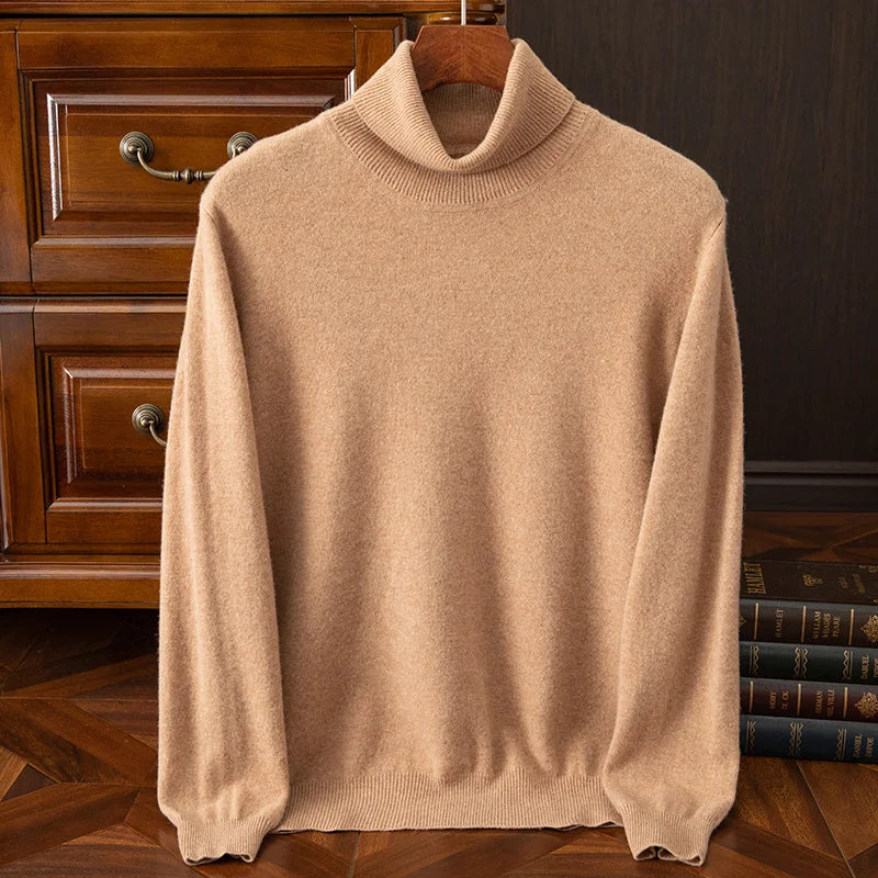 Men 100% Merino Wool Sweater Turtleneck Knitted Pullover Cashmere Warm Solid Color Clothes Business Bottoming Tops Autumn Winter