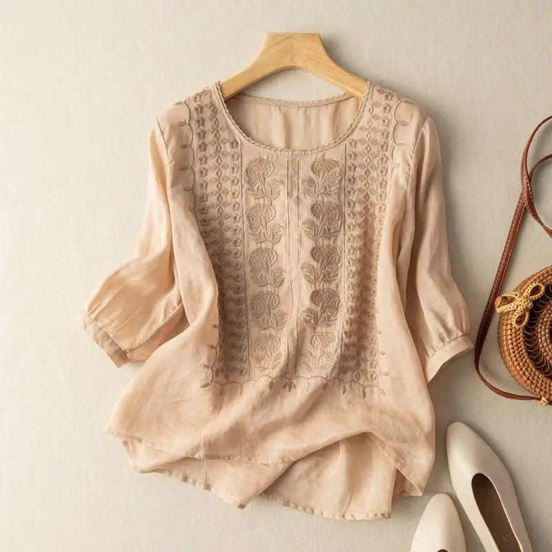 Women's Clothing Vintage Lace Embroidery Cotton Linen Shirt Summer Simple Casual O Neck Half Sleeve Blouses Irregular Loose Tops