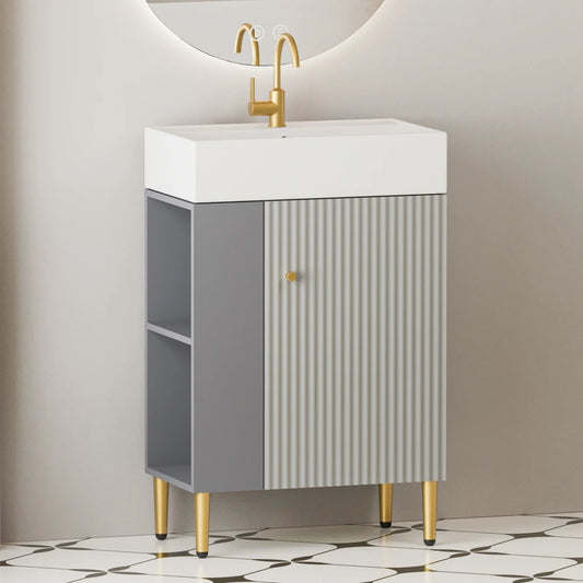 21.6" Open-shelving Bathroom Vanity with Ceramic Sink and Soft-Closing Door, Cloakroom Open Shelf Storage Cabinet on the Left