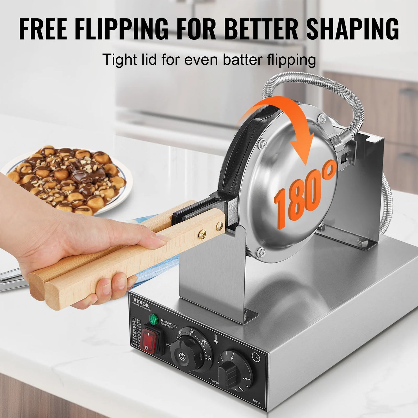 VEVOR Commercial Egg Bubble Waffle Maker 1400W Non-Stick Stainless Steel Bubble Puff w/180° Rotatable 2 Pans & Wooden Handles
