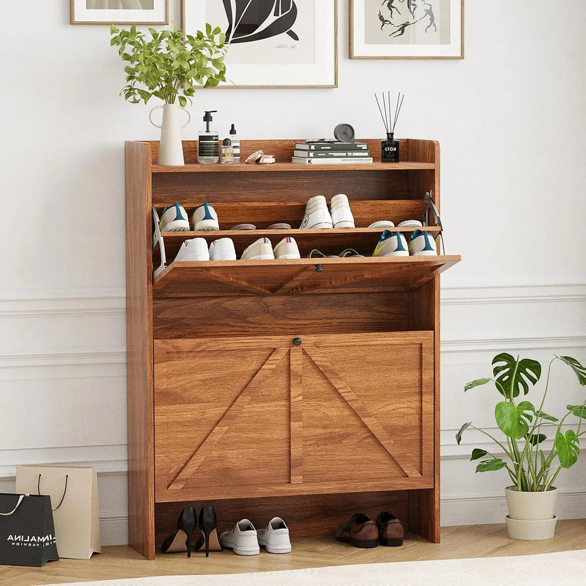 Shoe Storage Cabinet for Entryway, Shoe Rack Cabinet for Front Door Entrance,Farmhouse Narrow Shoe Organizer with 2 Flip Drawers