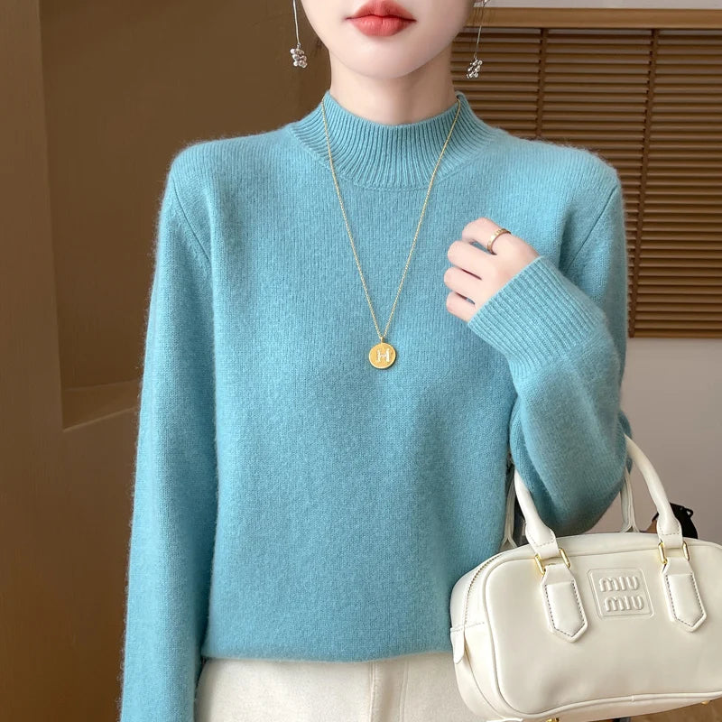 One Line Half Height 100% Andy Velvet Knitted Sweater For Women's Autumn And Winter New Top, Loose Long Sleeved Basic Style GH79