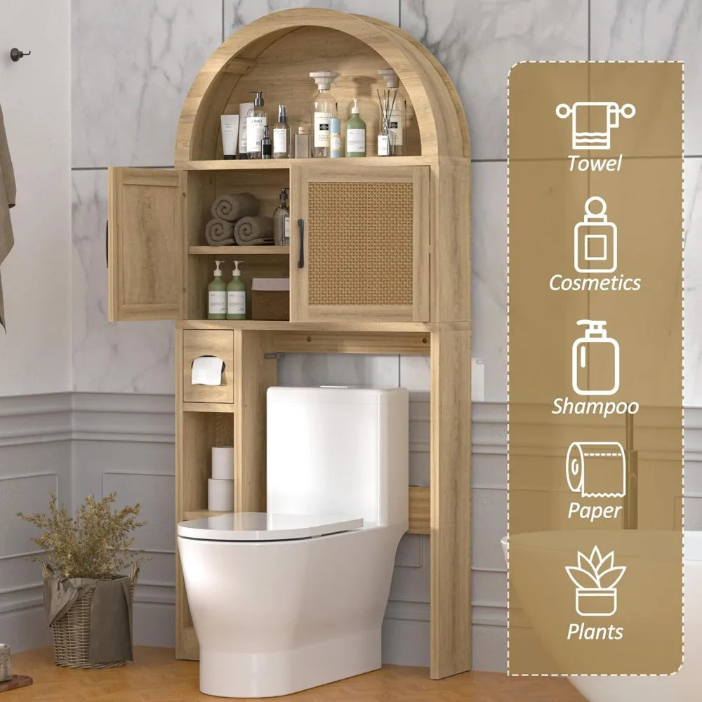 Over The Toilet Storage Cabinet, Bathroom Organizer Over Toilet with Rattan Doors, Arched Storage Organizer Cabinet with Anti-Ti