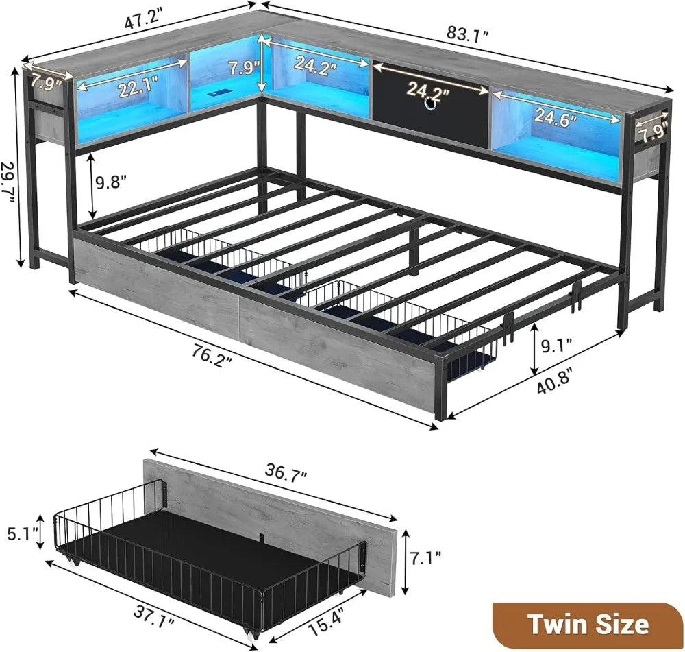 Twin Corner Bed Frame with Storage Drawers, Bookcase Headboard, Charging Station & LED Lights for Kids Teens