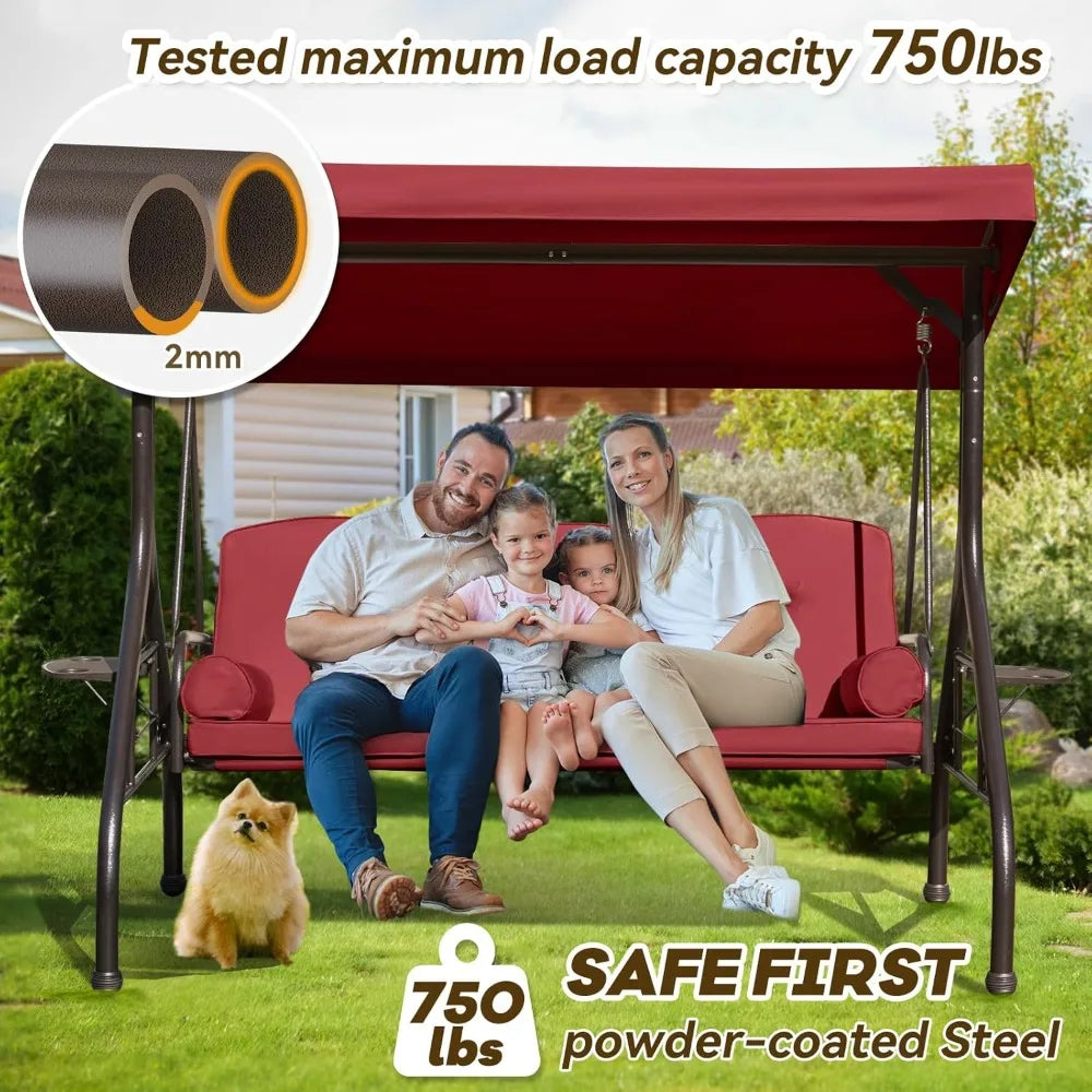 3 in 1 Outdoor Porch Swing with Adjustable Canopy, 3 Seat Outdoor Swing for Adults, Patio Swing Chair with Thickened Cushions
