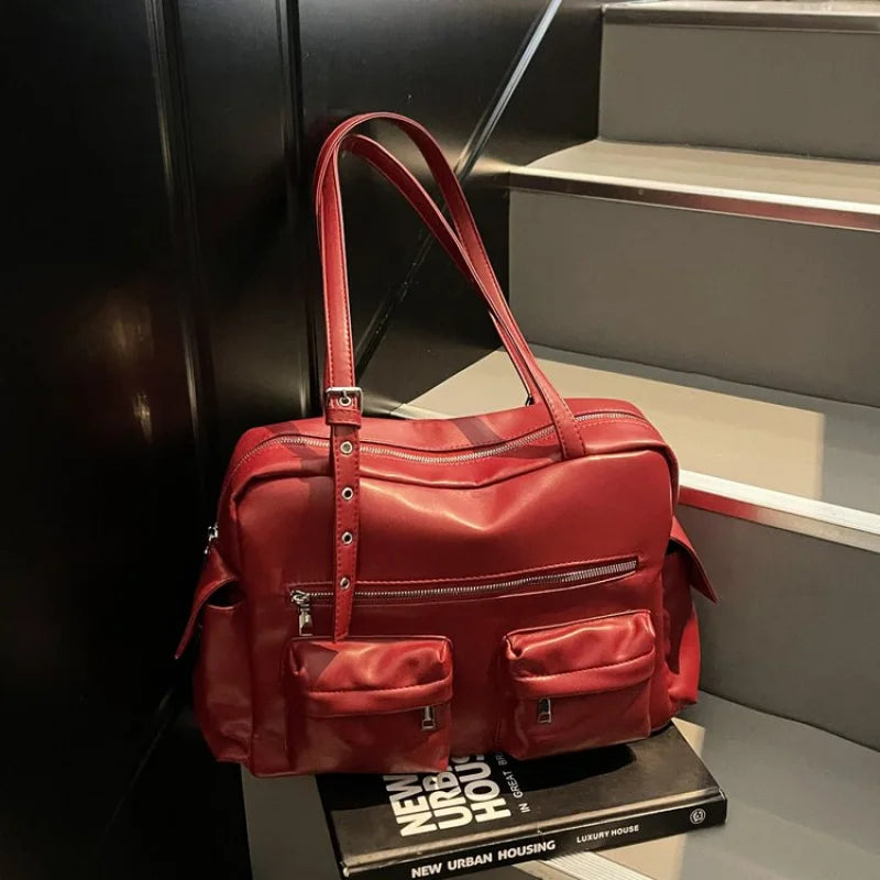Women'S Bag Fashion Bowling Bag Red Shoulder Bag Vintage Motorcycle Bags For Ladies