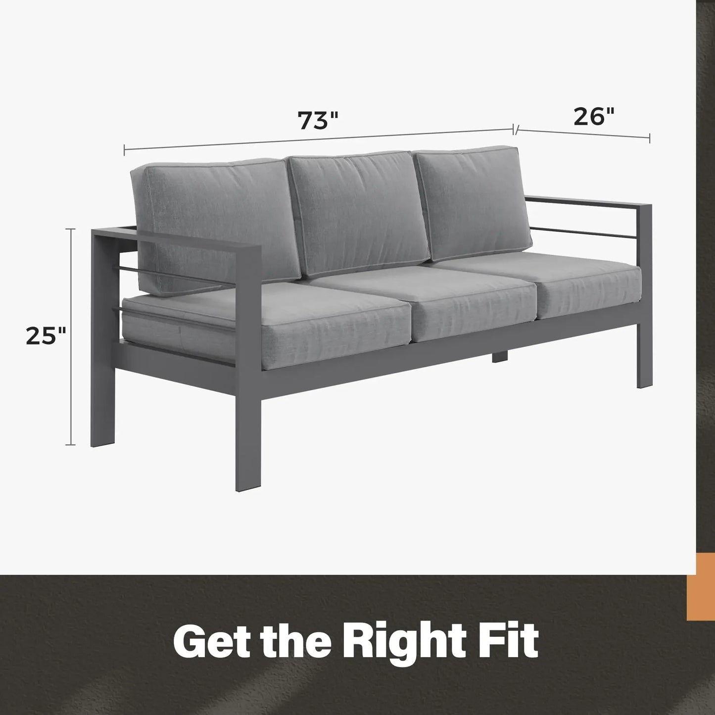 Outdoor patio sofa, three-seater metal frame with cushions, outdoor furniture