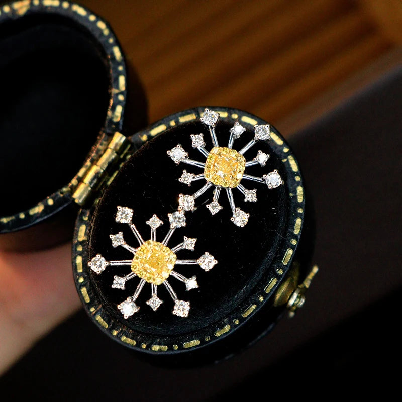 KUGG 100% 18K White Gold Earrings Romantic Elegant Style Real Natural Yellow Diamond Stud Earrings for Women High Party Jewelry