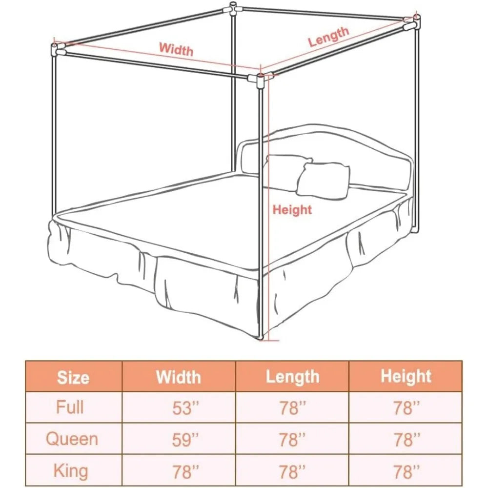 Queen Size Stainless Steel Canopy Bed Frame with Thick Brackets and Mosquito Curtains