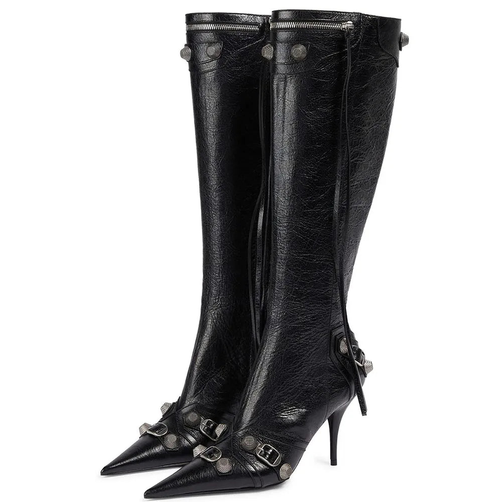 DoraTasia Stiletto High Heeled Women Knee High Boots Pointed Toe Back Zipper Tassel Matel Rivet Fashion Boots Street Snap Shoes