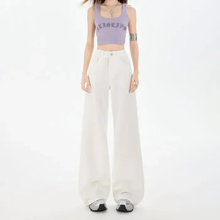 Summer Women's Wide Leg Jeans Retro Patchwork Solid Baggy Straight Leg Denim Adjustable Waist High Quality
