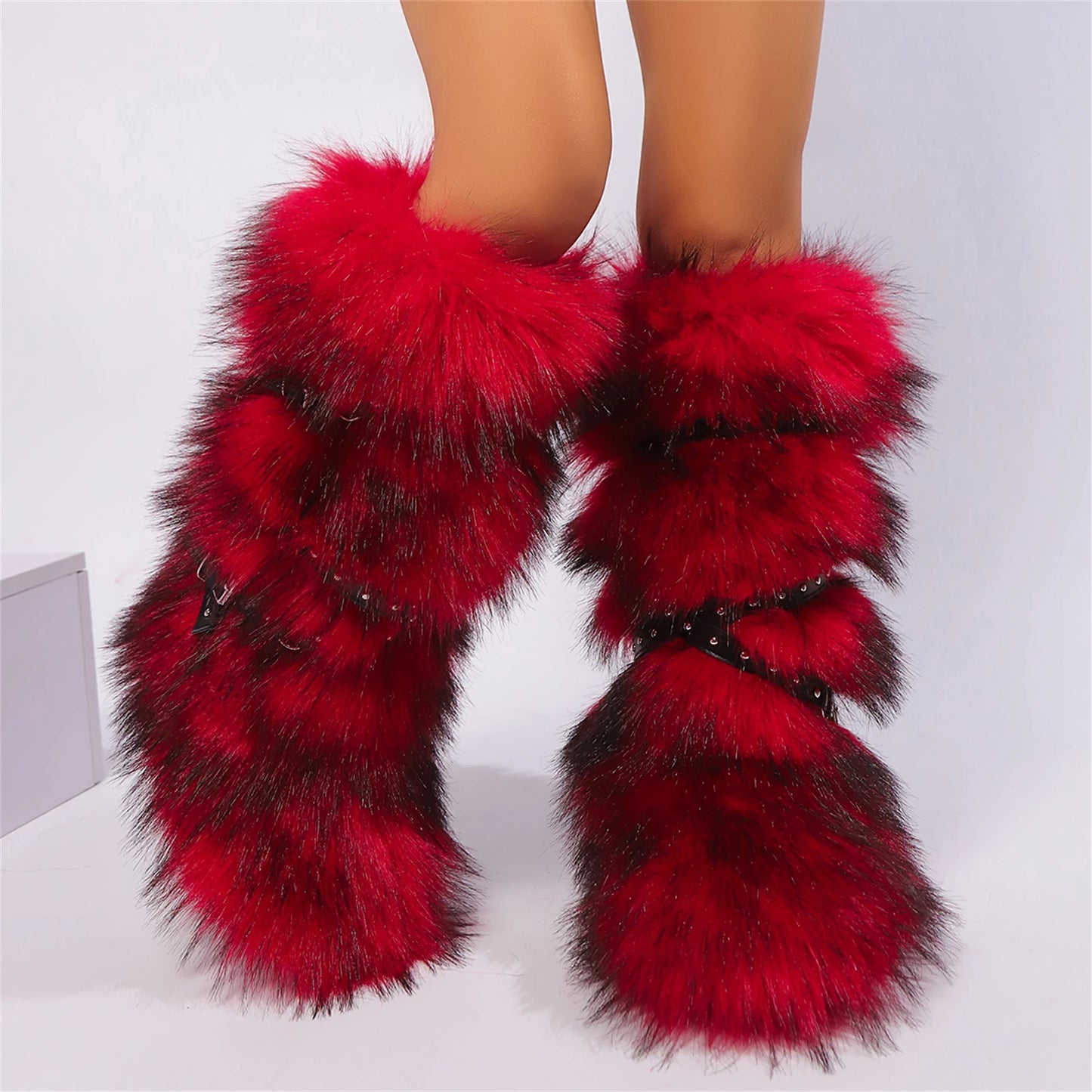 Winter Faux Fur Knee High Boots for Women - Comfy Plush Pull-On, Belt-Embellished Round Toe, Must-Have Trendy Pick for Party