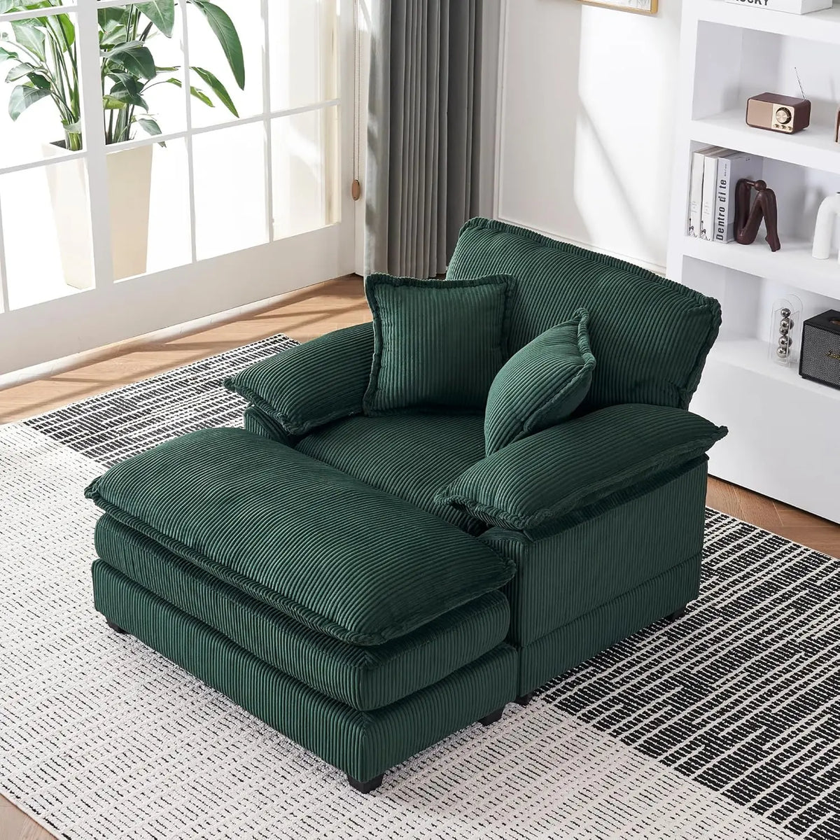 46.9' Oversized Corduroy Chaise Lounge Chair with Ottoman, Comfy Indoor Reading Chair for Living Room Bedroom (Green)