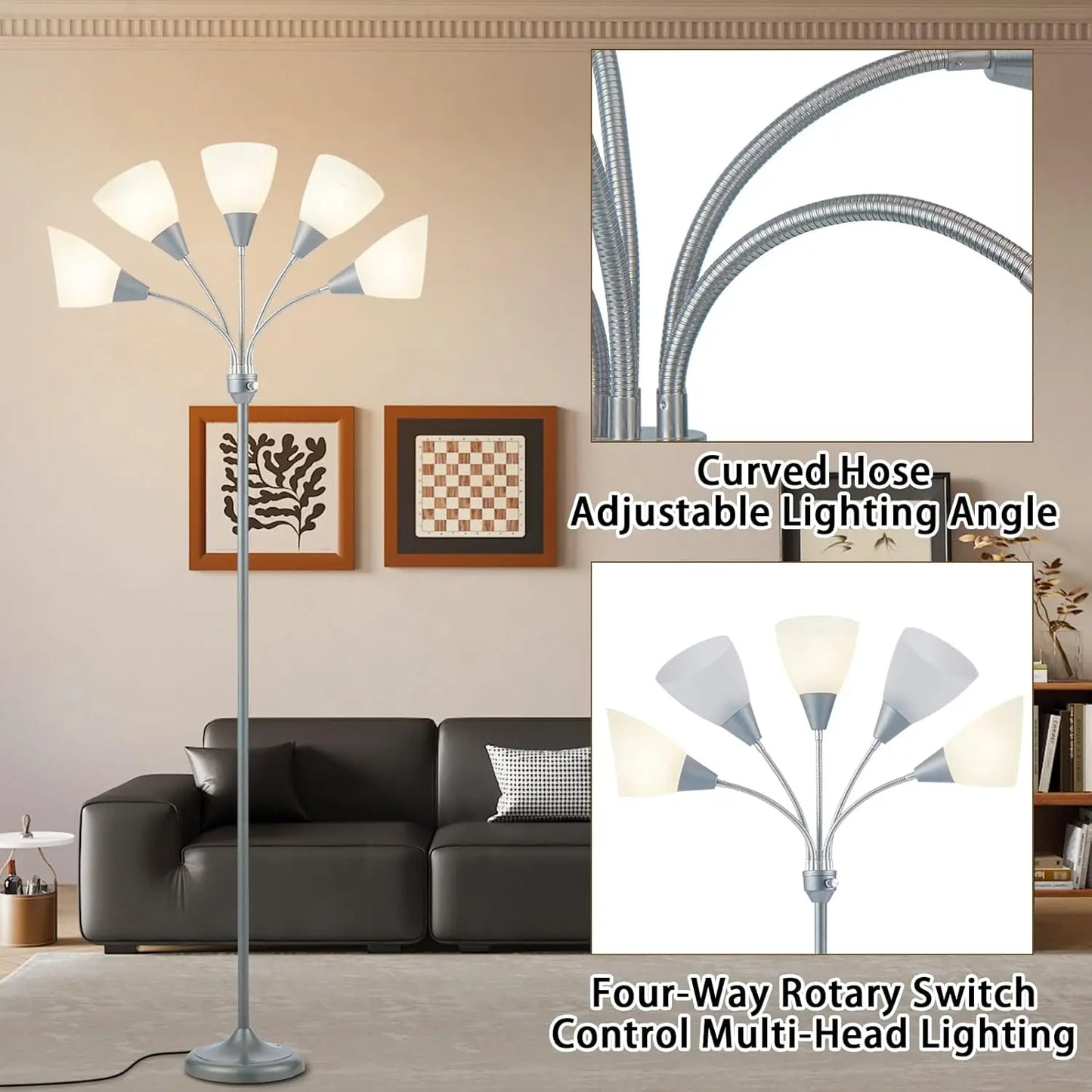 Medusa 5-Head Adjustable Floor Lamp, Large Shade, Silver, E26/A19 Bulb, Living Room Bedroom Reading Light