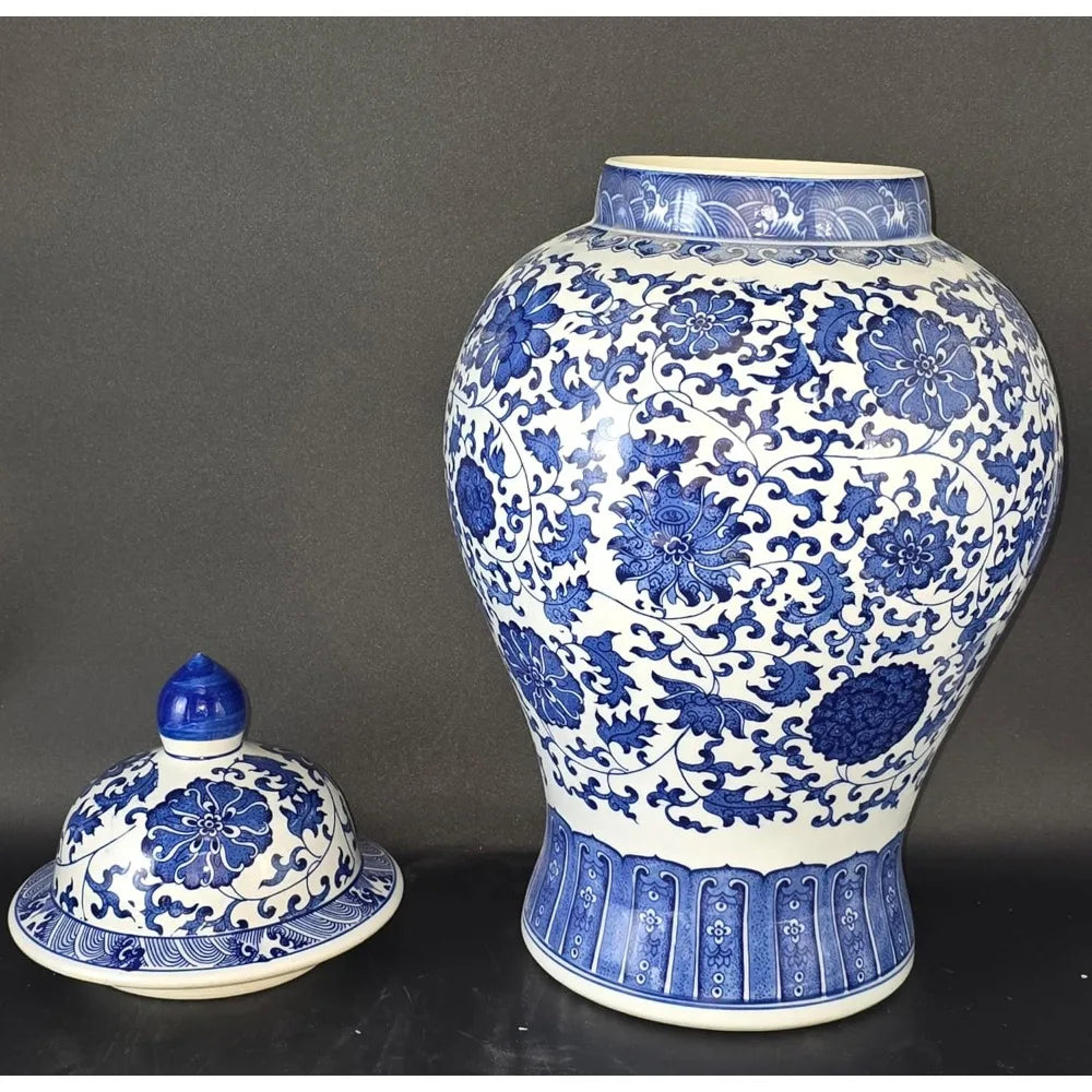 Large Antique-Inspired Blue and White Porcelain Floral Temple Jar Vase, Ming Dynasty Style, Handcrafted in Jingdezhen, China