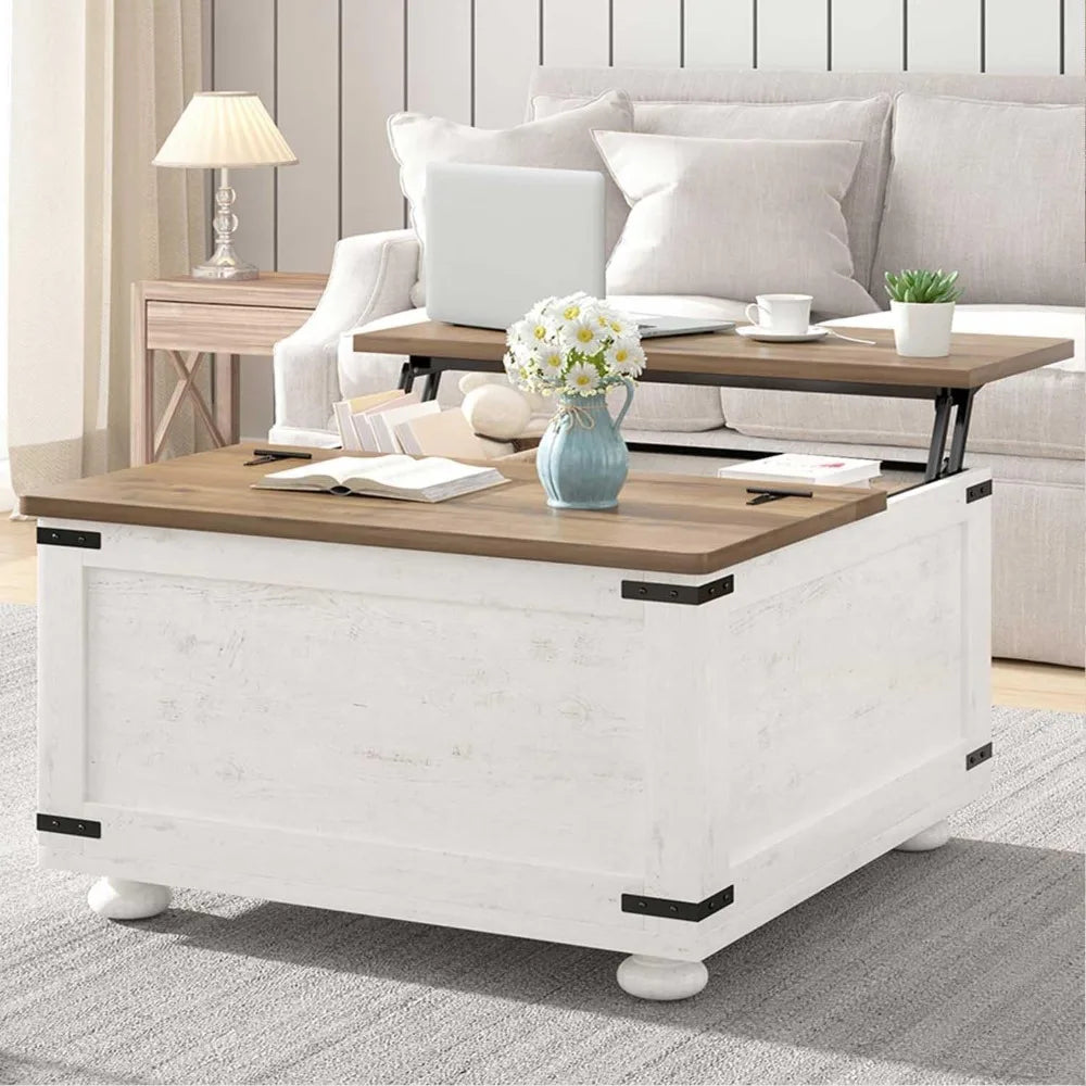 White Farmhouse Coffee Table with Storage, Square Lift Top Coffee Table with Hydraulic and Wood Gourd Feet for Living Room, Whit