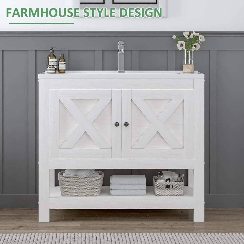 "35" modern farmhouse vanity with sink, freestanding cabinet, 2 doors & open shelf for bathroom