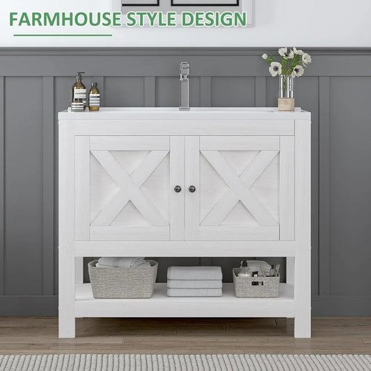 "35" modern farmhouse vanity with sink, freestanding cabinet, 2 doors & open shelf for bathroom