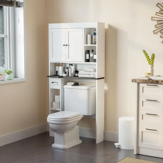 7-Tier Walnut-Style Over-the-Toilet Storage, White Bathroom Organizer with Toilet Paper Stand, Space-Saving for Restroom & Laund