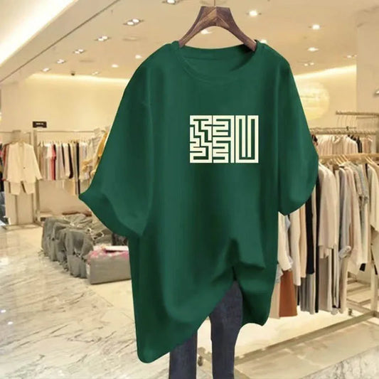 Women's Clothing Fashion All-match Pure Cotton Basic T-shirts Summer Casual Loose Geometric Print Top Tee Office Lady Pullovers