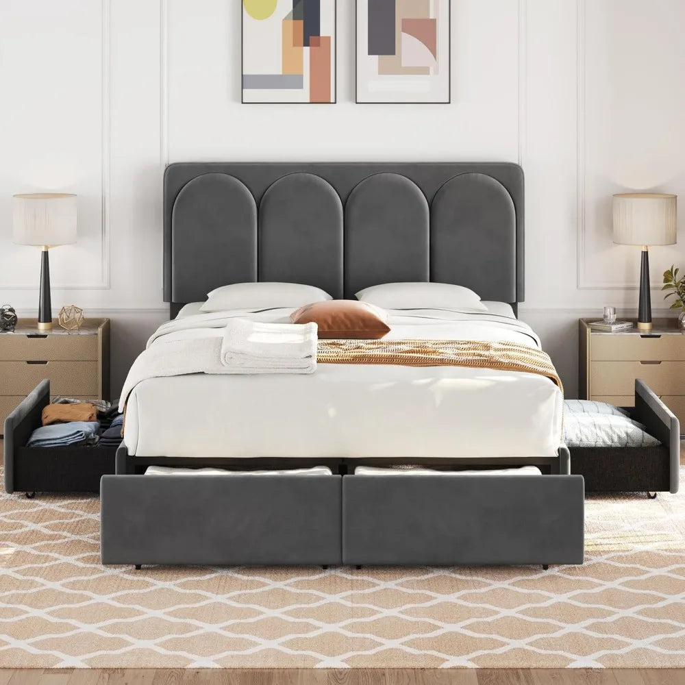 Yaheetech Queen Bed Frame Upholstered Platform Bed with 4 Drawers Storage and Adjustable Headboard,Arch Channel Tufted Headboard
