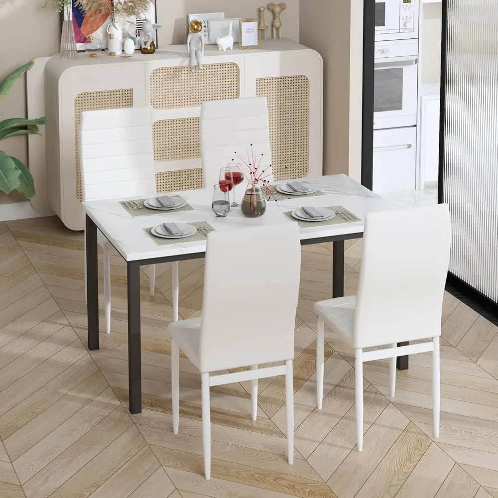 4-Piece Dining Set with Faux Marble Table and PU Leather Chairs for Small Spaces
