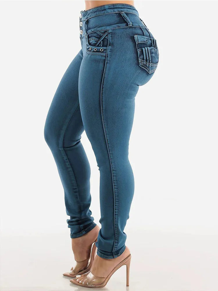 Washed medium blue front row button pocket discount elastic slim tight hip lifting small feet for women fashionable casual jeans