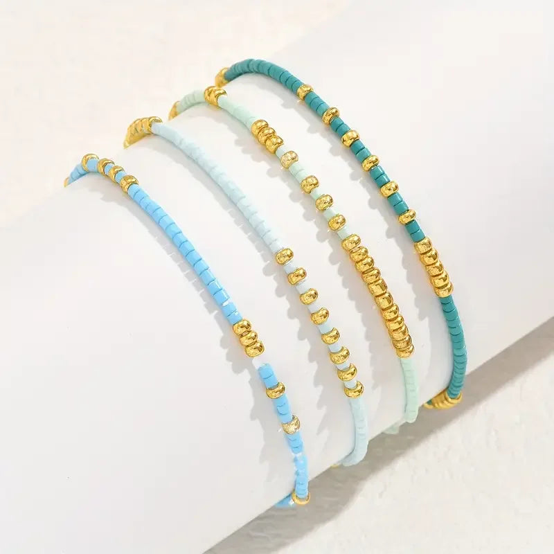 4 PCS Turquoise Color Seedbeads Stretch Bracelet Set Bohemia Gold Color Glassbeads Elastic Handmade Girls Vacation Jewelry