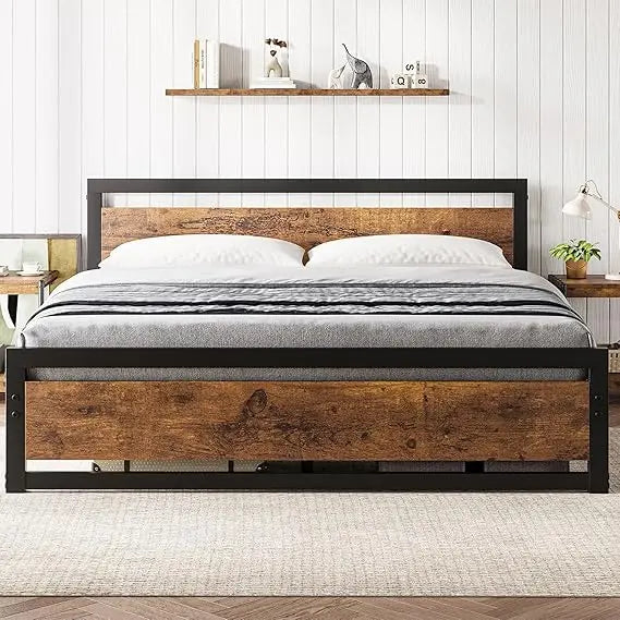 Industrial Style King Size Platform Bed Frame with Headboard, No Box Spring Needed, Easy Assembly for 14 Inch Mattress